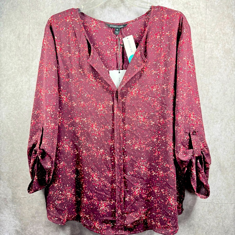 41Hawthorn Womens XXL Bryse Pleat Floral Print 3/4 Sleeve Blouse Dark Purple NWT